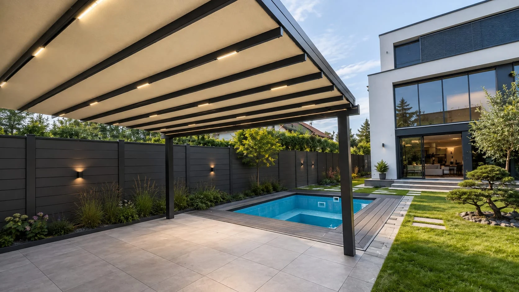 Pergola uz bazen — Klasična pergola · pokretni platneni krov