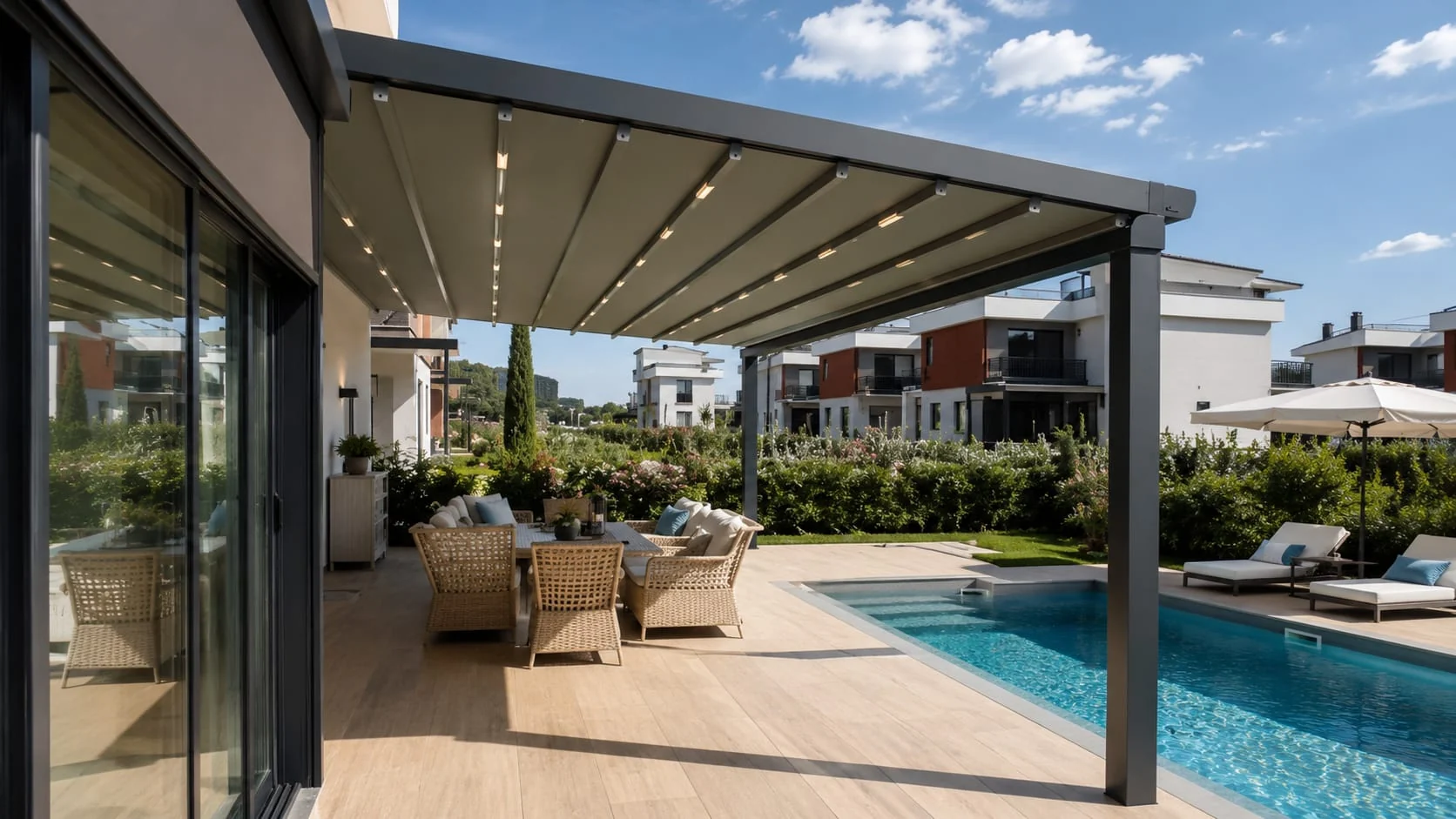 Terasa uz kuću — Klasična pergola · platneni krov